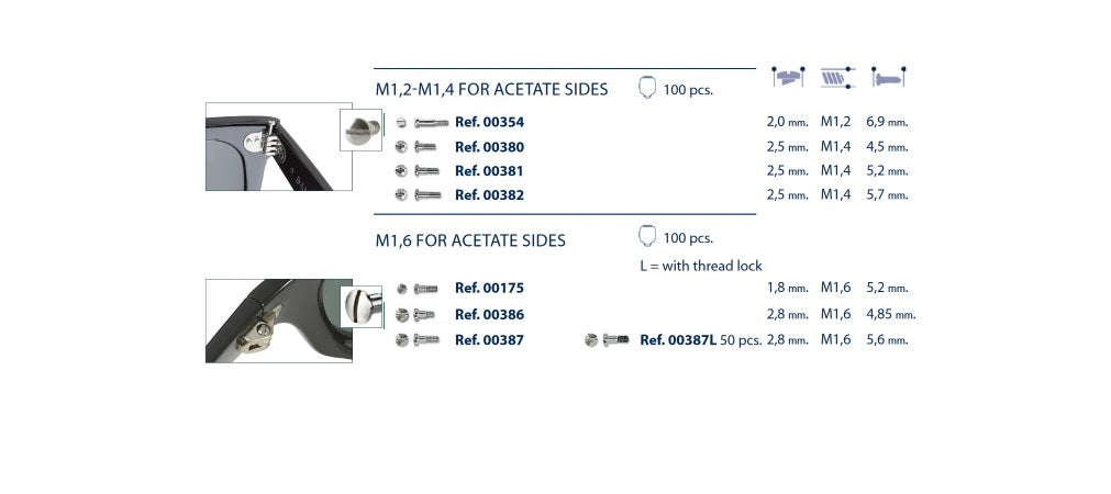Stainless Steel Screws for Acetate Sides - Half Thread
